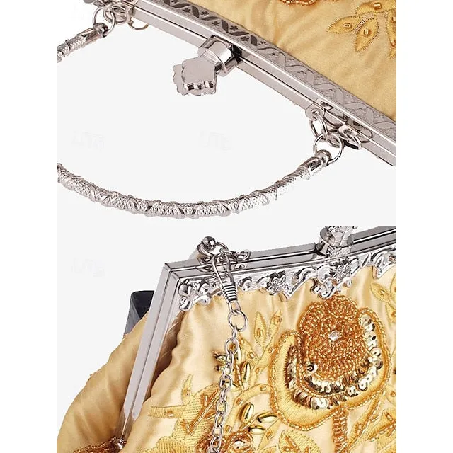 Women's Vintage Green Velvet Handbag with Beaded Floral Embroidery and Metal Frame – Elegant Evening Bag