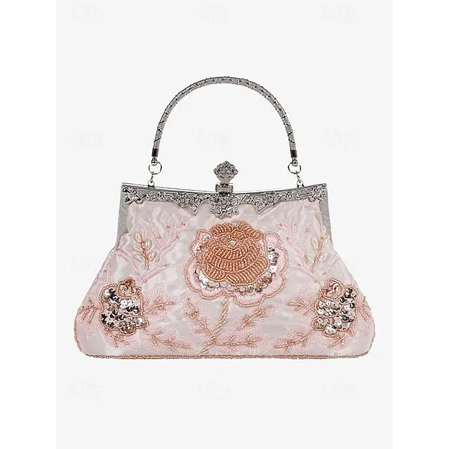 Women's Vintage Green Velvet Handbag with Beaded Floral Embroidery and Metal Frame – Elegant Evening Bag