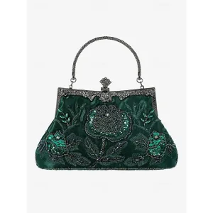 Women's Vintage Green Velvet Handbag with Beaded Floral Embroidery and Metal Frame – Elegant Evening Bag