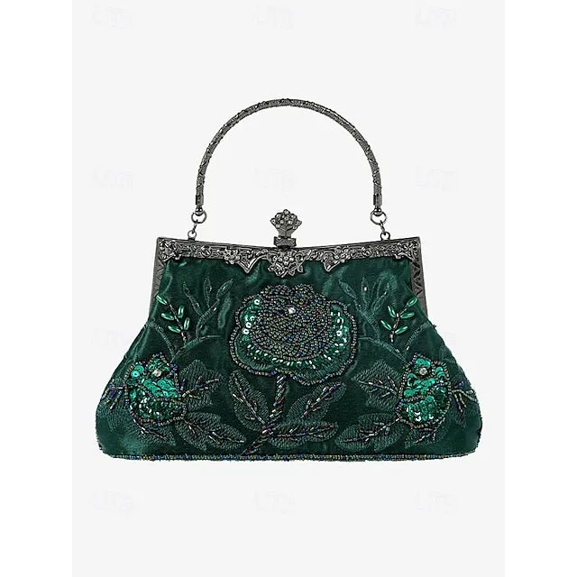 Women's Vintage Green Velvet Handbag with Beaded Floral Embroidery and Metal Frame – Elegant Evening Bag