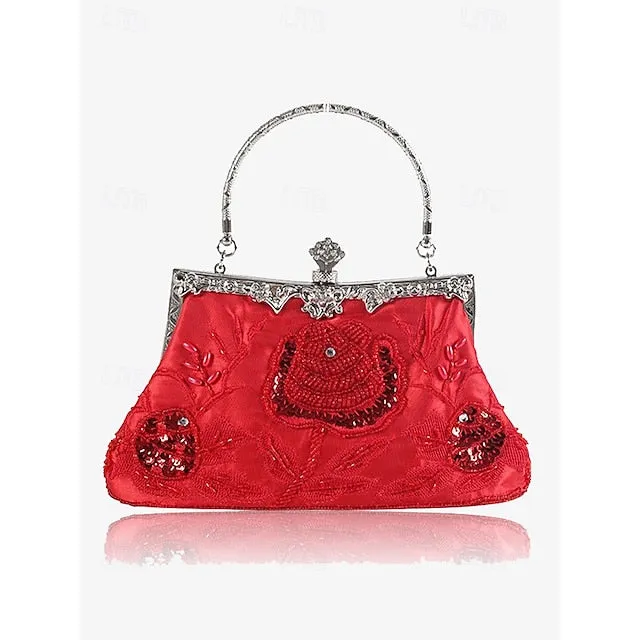 Women's Vintage Green Velvet Handbag with Beaded Floral Embroidery and Metal Frame – Elegant Evening Bag