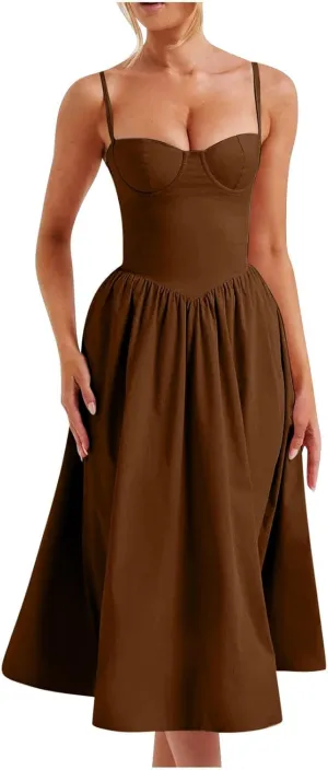 Women's Vintage Lace Up Back Corset Dress Spaghetti Strap A-Line Midi Sundress Elegant Cocktail Party Evening Dresses