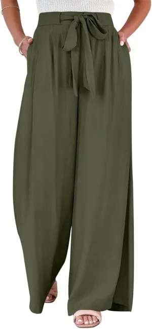 Womens Wide Leg Pants High Waisted Adjustable Tie Knot Flowy Casual Loose Business Work Trousers with Pockets