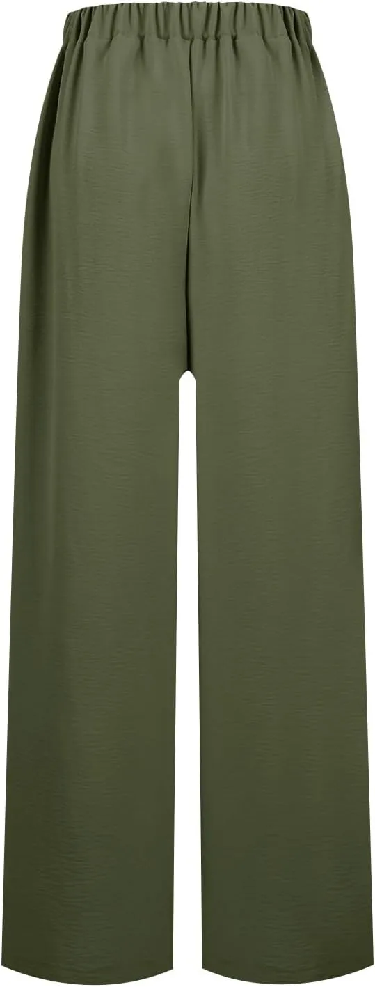 Womens Wide Leg Pants High Waisted Adjustable Tie Knot Flowy Casual Loose Business Work Trousers with Pockets