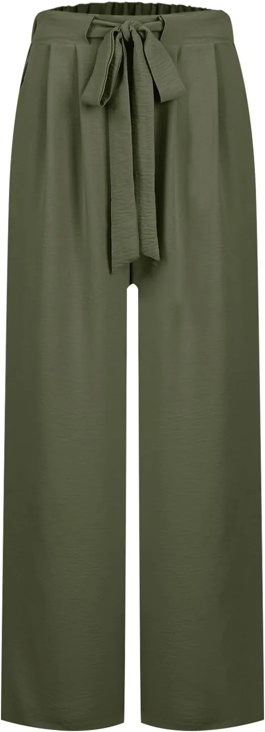 Womens Wide Leg Pants High Waisted Adjustable Tie Knot Flowy Casual Loose Business Work Trousers with Pockets
