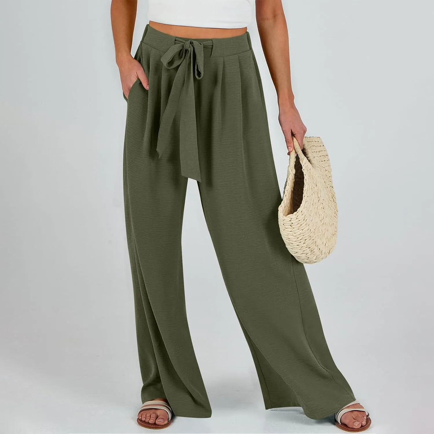 Womens Wide Leg Pants High Waisted Adjustable Tie Knot Flowy Casual Loose Business Work Trousers with Pockets