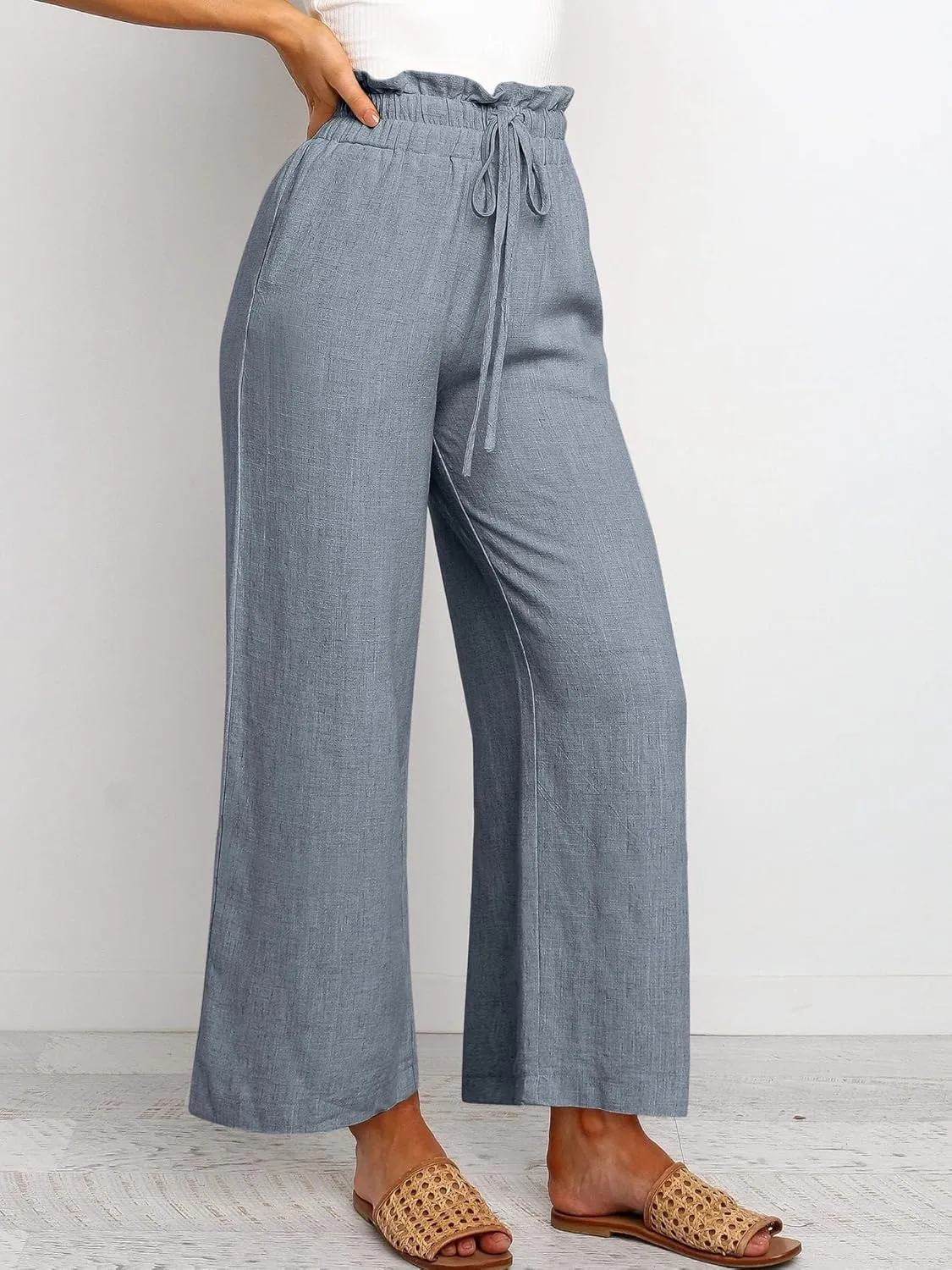 Womens Wide Leg Pants Summer Cotton Linen Beach Pant Drawstring High Waist Pant Solid Color Breathable Casual Pants