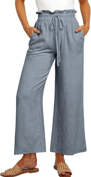 Womens Wide Leg Pants Summer Cotton Linen Beach Pant Drawstring High Waist Pant Solid Color Breathable Casual Pants