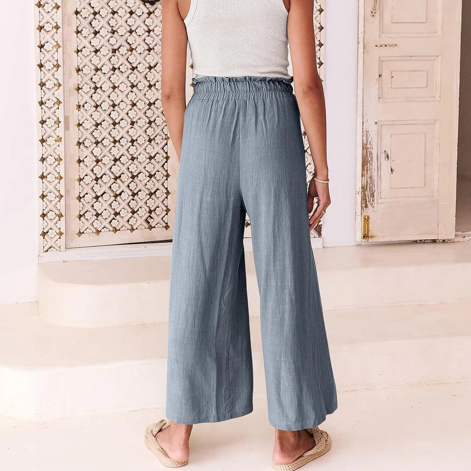Womens Wide Leg Pants Summer Cotton Linen Beach Pant Drawstring High Waist Pant Solid Color Breathable Casual Pants