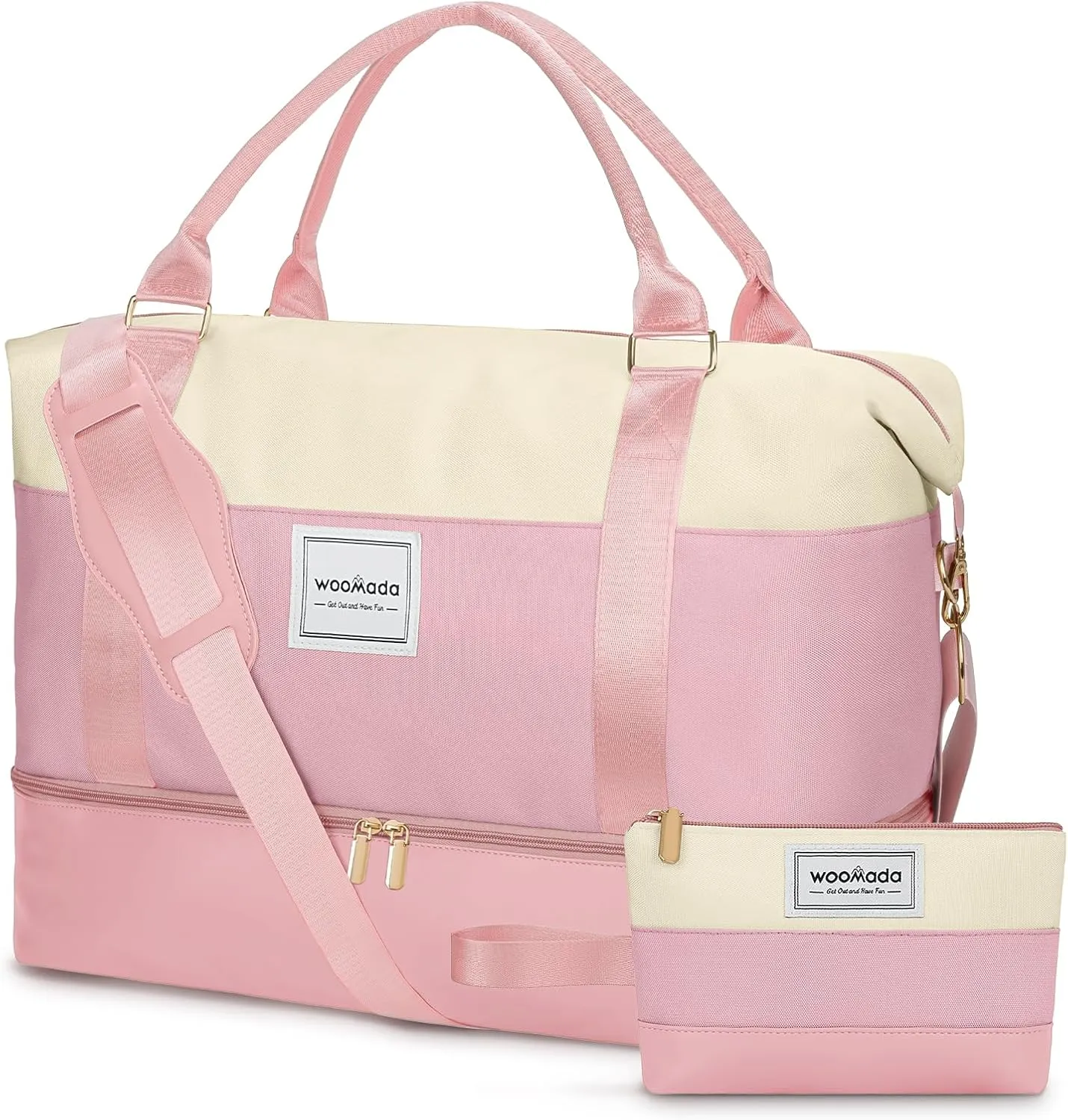 WOOMADA Weekender Bag for Women, Large Carry On Bag with Shoe Compartment, Hospital Labor & Delivery Overnight Bag with Toiletry Bag(Beige&Pink)