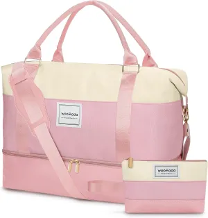 WOOMADA Weekender Bag for Women, Large Carry On Bag with Shoe Compartment, Hospital Labor & Delivery Overnight Bag with Toiletry Bag(Beige&Pink)