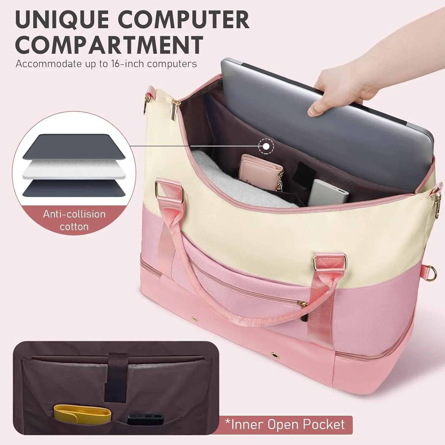 WOOMADA Weekender Bag for Women, Large Carry On Bag with Shoe Compartment, Hospital Labor & Delivery Overnight Bag with Toiletry Bag(Beige&Pink)