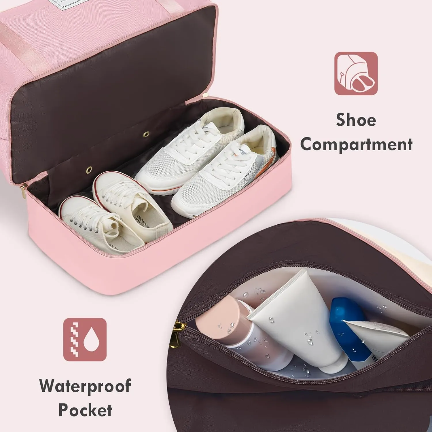 WOOMADA Weekender Bag for Women, Large Carry On Bag with Shoe Compartment, Hospital Labor & Delivery Overnight Bag with Toiletry Bag(Beige&Pink)