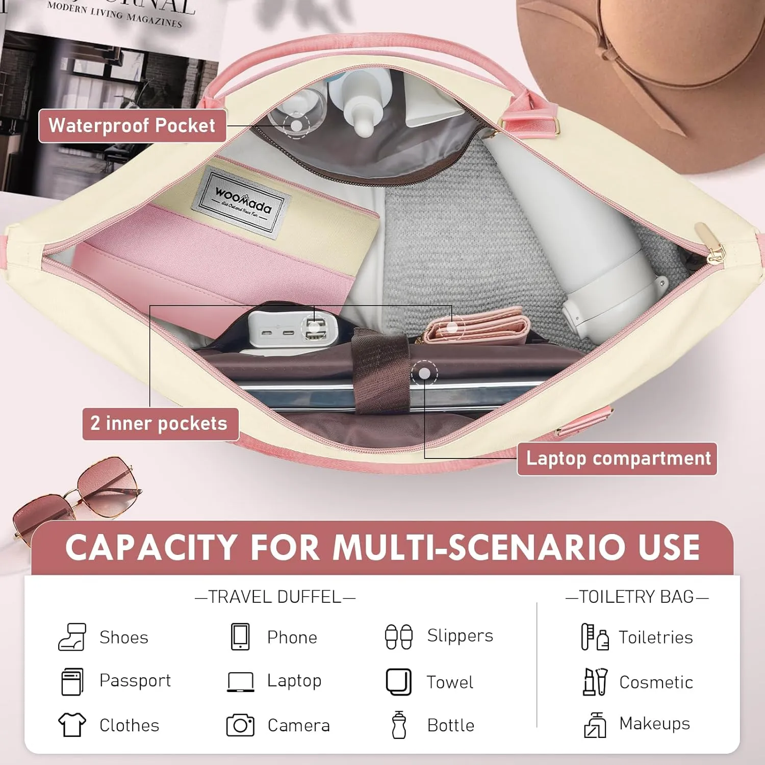 WOOMADA Weekender Bag for Women, Large Carry On Bag with Shoe Compartment, Hospital Labor & Delivery Overnight Bag with Toiletry Bag(Beige&Pink)