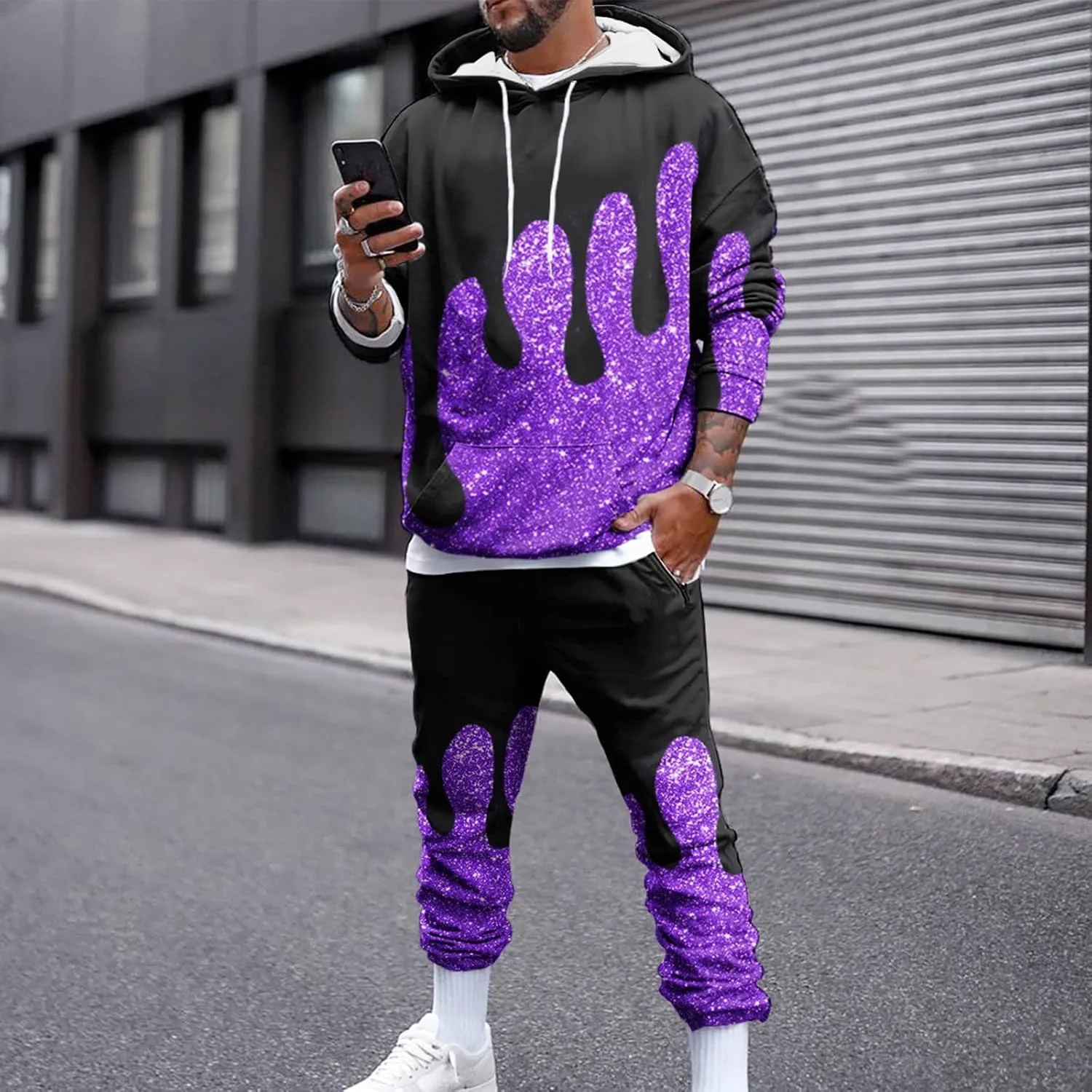 Workout Sets for Men Running Sports Hooded Sweatsuit Casual Long Sleeve Pullover Drawstring Pant 2 Piece Outfits