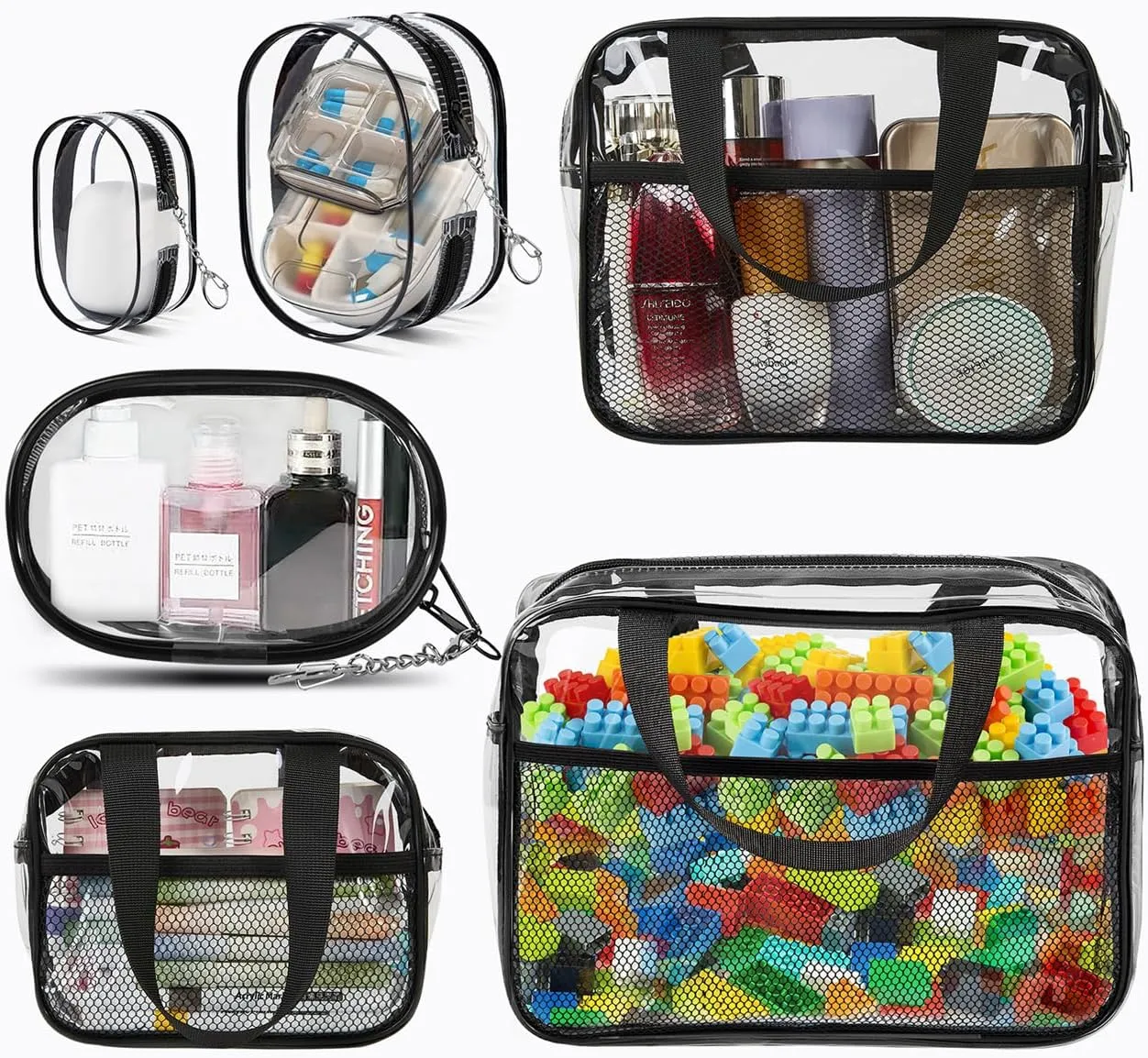 XEWEA Clear Travel Toiletry Bags & Small Electronic Accessories Organizer Case, 6 PCS TSA Approved Transparent Makeup Bag for Women Men, Waterproof PVC Quart Pouch with Zipper for Airline Essentials