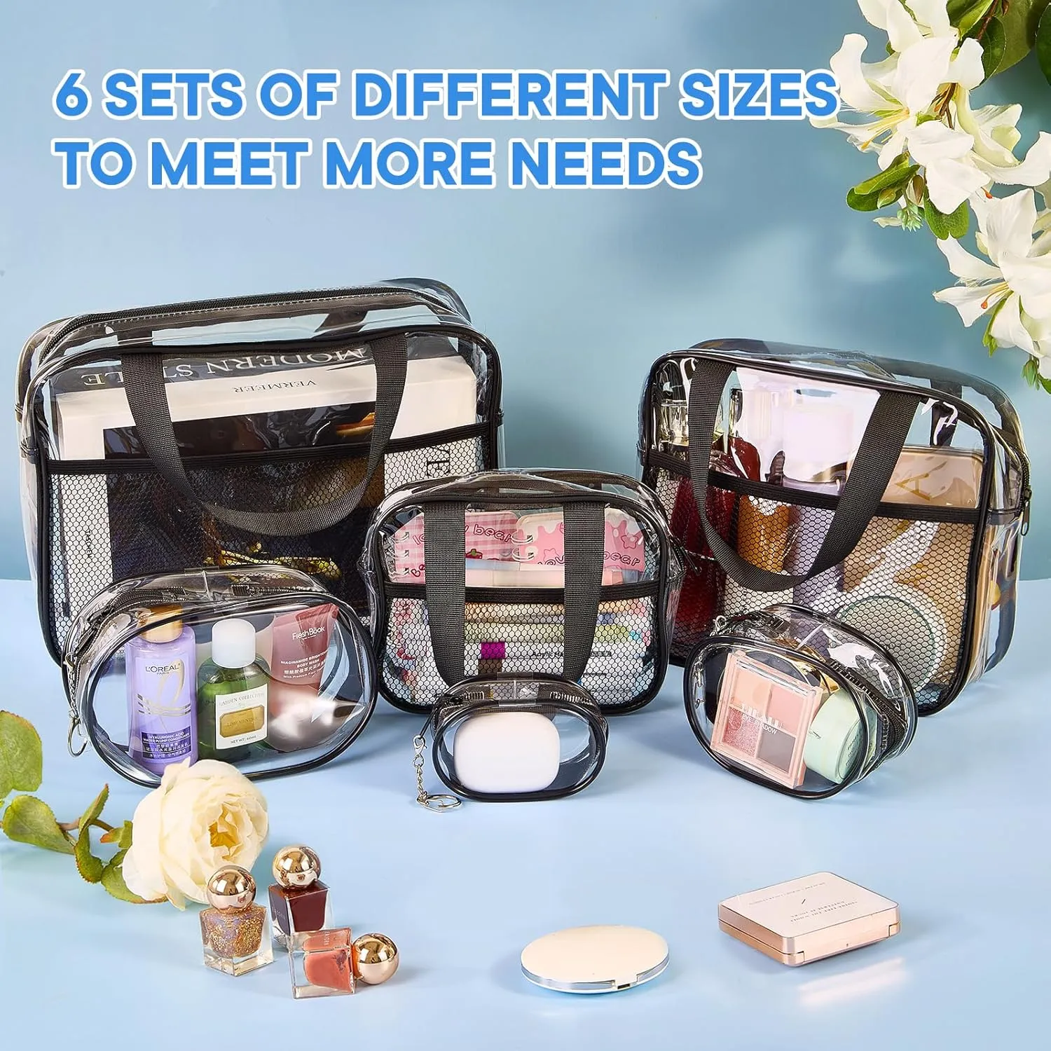 XEWEA Clear Travel Toiletry Bags & Small Electronic Accessories Organizer Case, 6 PCS TSA Approved Transparent Makeup Bag for Women Men, Waterproof PVC Quart Pouch with Zipper for Airline Essentials