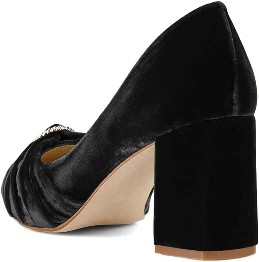 XYD Elegant Velvet Pumps for Women Bridal Bride Circular Ring Mid Block Heels Pointed Closed Toe Slip On Dress Wedding Event Shoes