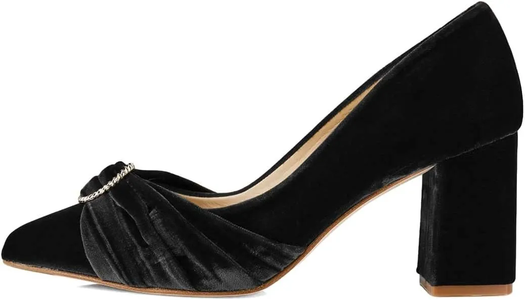 XYD Elegant Velvet Pumps for Women Bridal Bride Circular Ring Mid Block Heels Pointed Closed Toe Slip On Dress Wedding Event Shoes