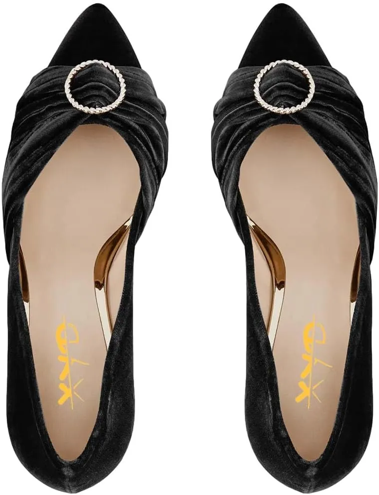 XYD Elegant Velvet Pumps for Women Bridal Bride Circular Ring Mid Block Heels Pointed Closed Toe Slip On Dress Wedding Event Shoes
