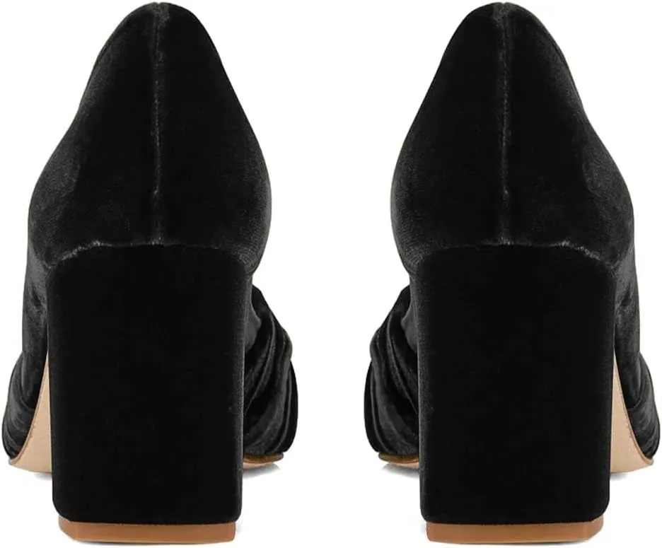 XYD Elegant Velvet Pumps for Women Bridal Bride Circular Ring Mid Block Heels Pointed Closed Toe Slip On Dress Wedding Event Shoes