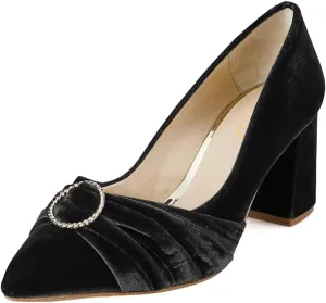 XYD Elegant Velvet Pumps for Women Bridal Bride Circular Ring Mid Block Heels Pointed Closed Toe Slip On Dress Wedding Event Shoes