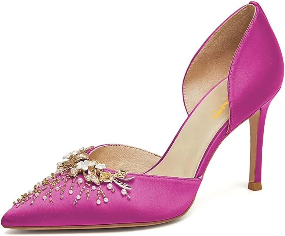 XYD Women Closed Pointed Toe Elegant High Heels Jewelled D'Orsay Evening Pumps Bridal Dress Shoes