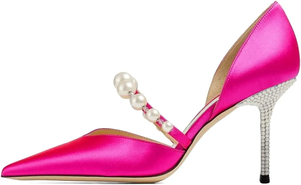 XYD Women D'Orsay Bridal High Heel Pumps Pointed Closed Toe Single Strap with Pearls Crystals Evening Party Wedding Shoes