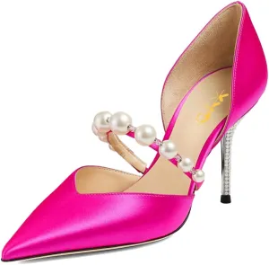 XYD Women D'Orsay Bridal High Heel Pumps Pointed Closed Toe Single Strap with Pearls Crystals Evening Party Wedding Shoes