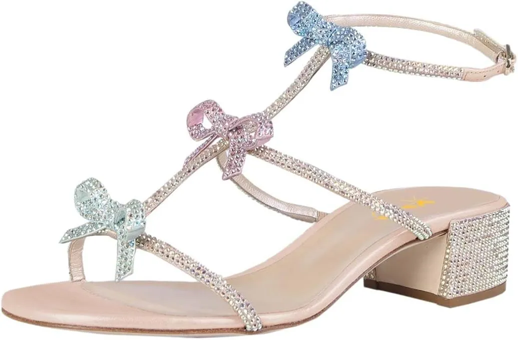 XYD Women Gladiator Rhinestone Crystals Block Chunky Heels Open Toe Sandals Crossover Strap Bow Knots Cutout Party Evening Date Shoes