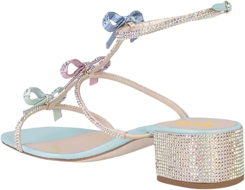 XYD Women Gladiator Rhinestone Crystals Block Chunky Heels Open Toe Sandals Crossover Strap Bow Knots Cutout Party Evening Date Shoes