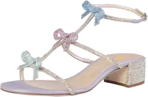 XYD Women Gladiator Rhinestone Crystals Block Chunky Heels Open Toe Sandals Crossover Strap Bow Knots Cutout Party Evening Date Shoes