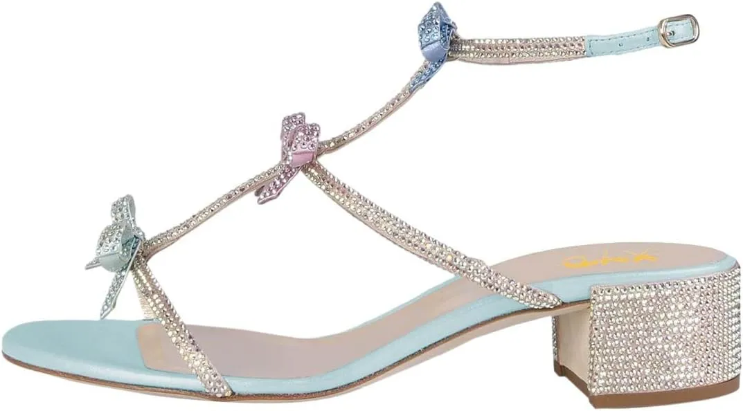 XYD Women Gladiator Rhinestone Crystals Block Chunky Heels Open Toe Sandals Crossover Strap Bow Knots Cutout Party Evening Date Shoes