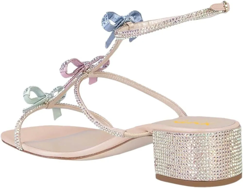 XYD Women Gladiator Rhinestone Crystals Block Chunky Heels Open Toe Sandals Crossover Strap Bow Knots Cutout Party Evening Date Shoes
