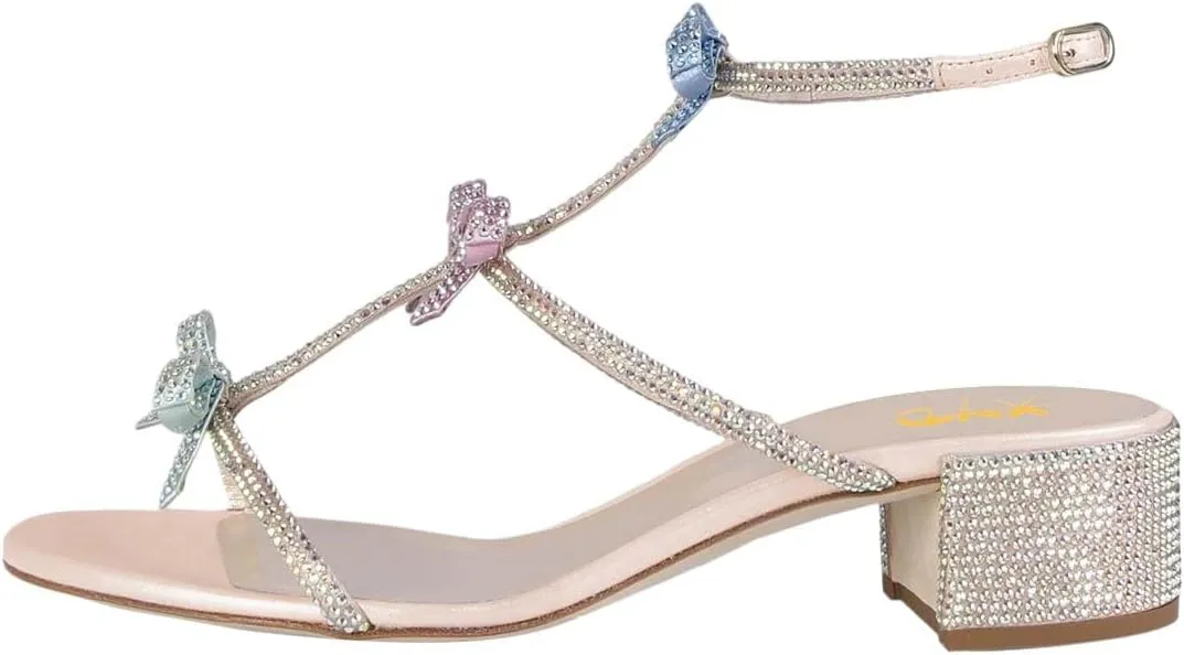XYD Women Gladiator Rhinestone Crystals Block Chunky Heels Open Toe Sandals Crossover Strap Bow Knots Cutout Party Evening Date Shoes