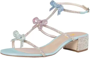 XYD Women Gladiator Rhinestone Crystals Block Chunky Heels Open Toe Sandals Crossover Strap Bow Knots Cutout Party Evening Date Shoes