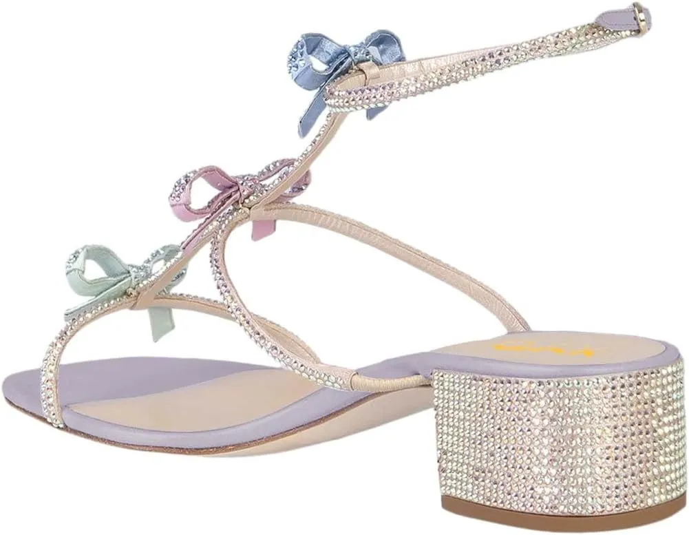 XYD Women Gladiator Rhinestone Crystals Block Chunky Heels Open Toe Sandals Crossover Strap Bow Knots Cutout Party Evening Date Shoes