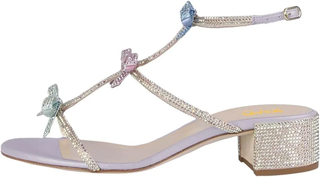 XYD Women Gladiator Rhinestone Crystals Block Chunky Heels Open Toe Sandals Crossover Strap Bow Knots Cutout Party Evening Date Shoes