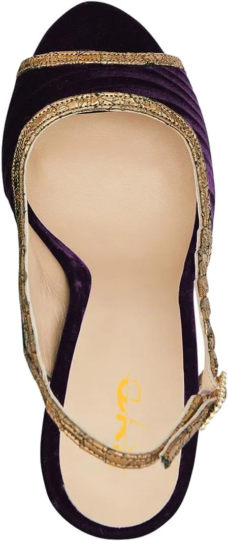 XYD Women Graceful Slingback Sandals Peep Toe Velvet Slip On Crystal Buckle Strap Block High Heel Pumps Evening Dress Shoes