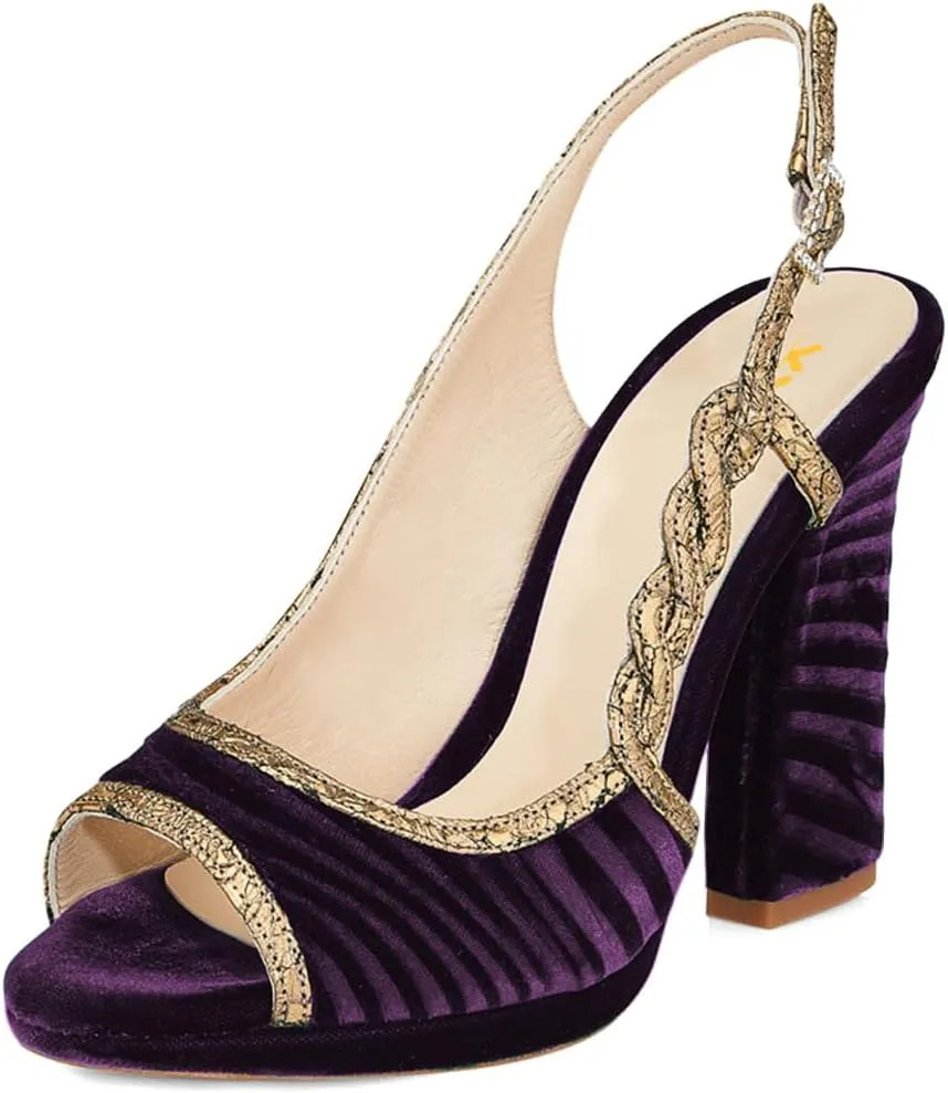 XYD Women Graceful Slingback Sandals Peep Toe Velvet Slip On Crystal Buckle Strap Block High Heel Pumps Evening Dress Shoes