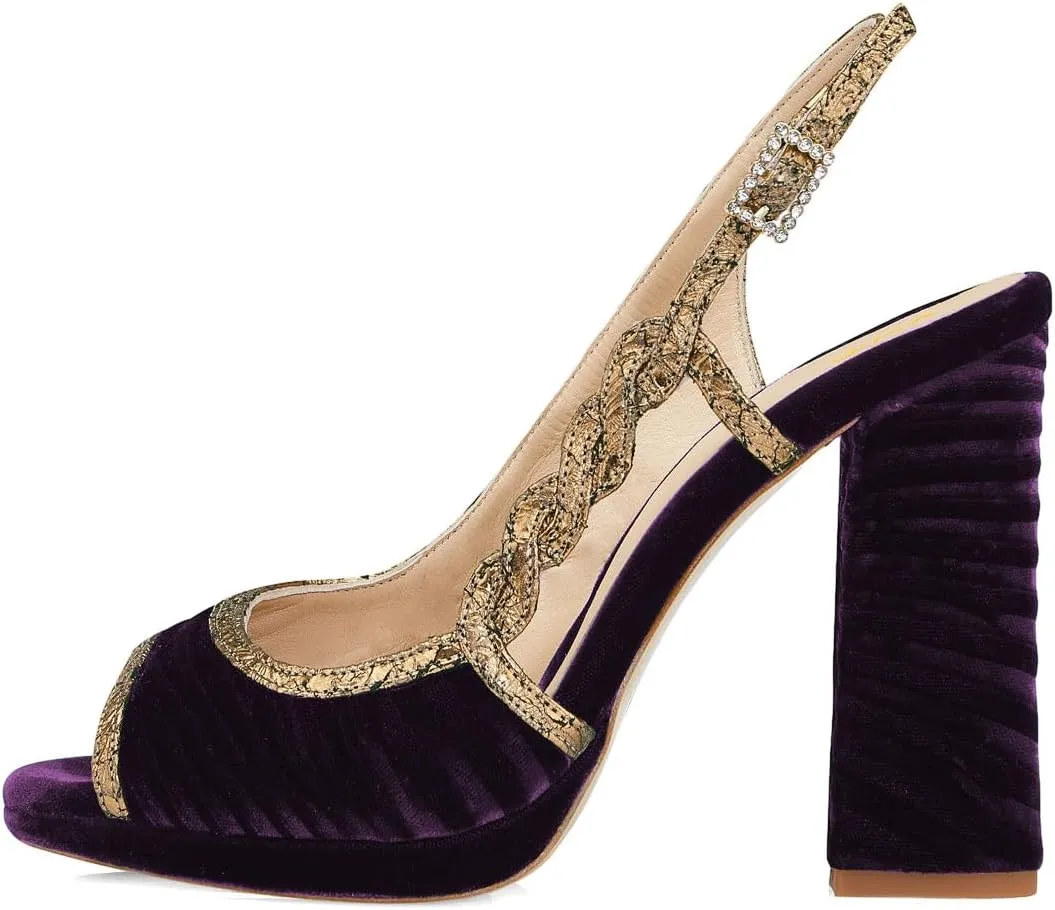 XYD Women Graceful Slingback Sandals Peep Toe Velvet Slip On Crystal Buckle Strap Block High Heel Pumps Evening Dress Shoes
