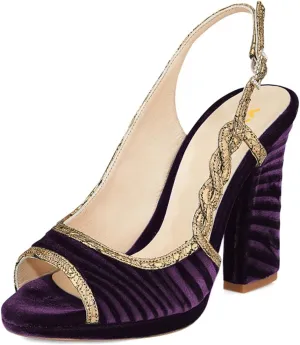 XYD Women Graceful Slingback Sandals Peep Toe Velvet Slip On Crystal Buckle Strap Block High Heel Pumps Evening Dress Shoes
