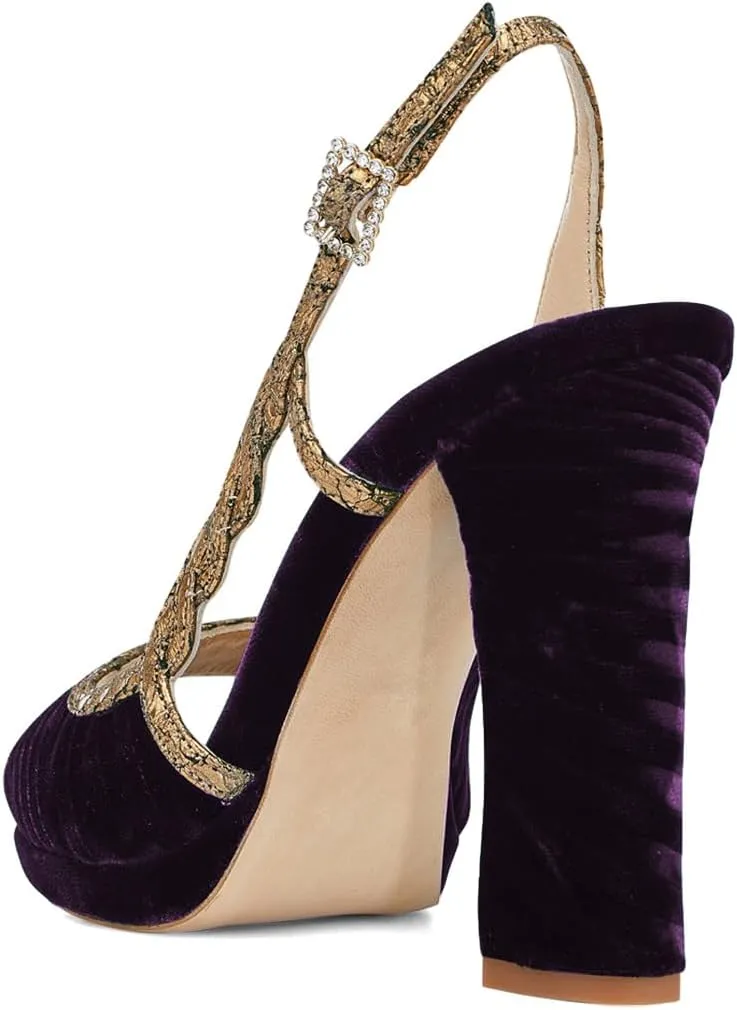 XYD Women Graceful Slingback Sandals Peep Toe Velvet Slip On Crystal Buckle Strap Block High Heel Pumps Evening Dress Shoes