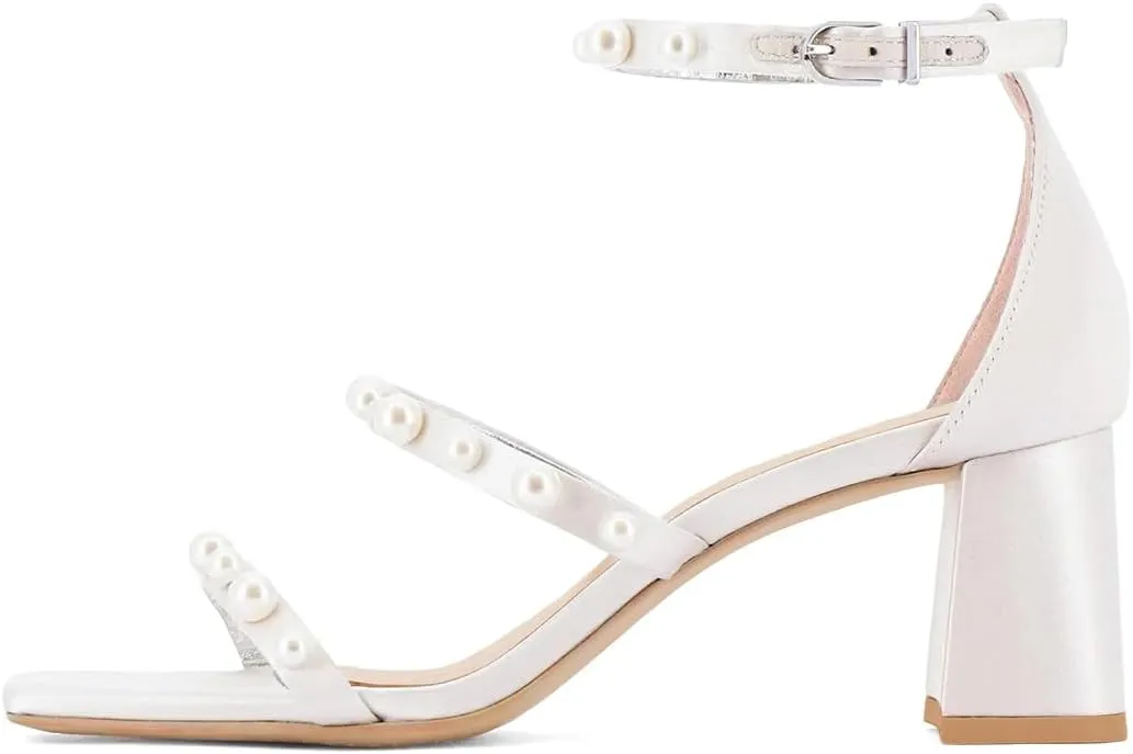 XYD Women Pearl Straps Wedding Sandals Open Square Toe Block Heels Ankle Strappy Bridal Party Shoes