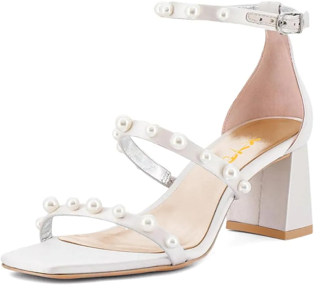 XYD Women Pearl Straps Wedding Sandals Open Square Toe Block Heels Ankle Strappy Bridal Party Shoes