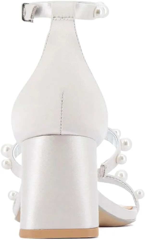 XYD Women Pearl Straps Wedding Sandals Open Square Toe Block Heels Ankle Strappy Bridal Party Shoes