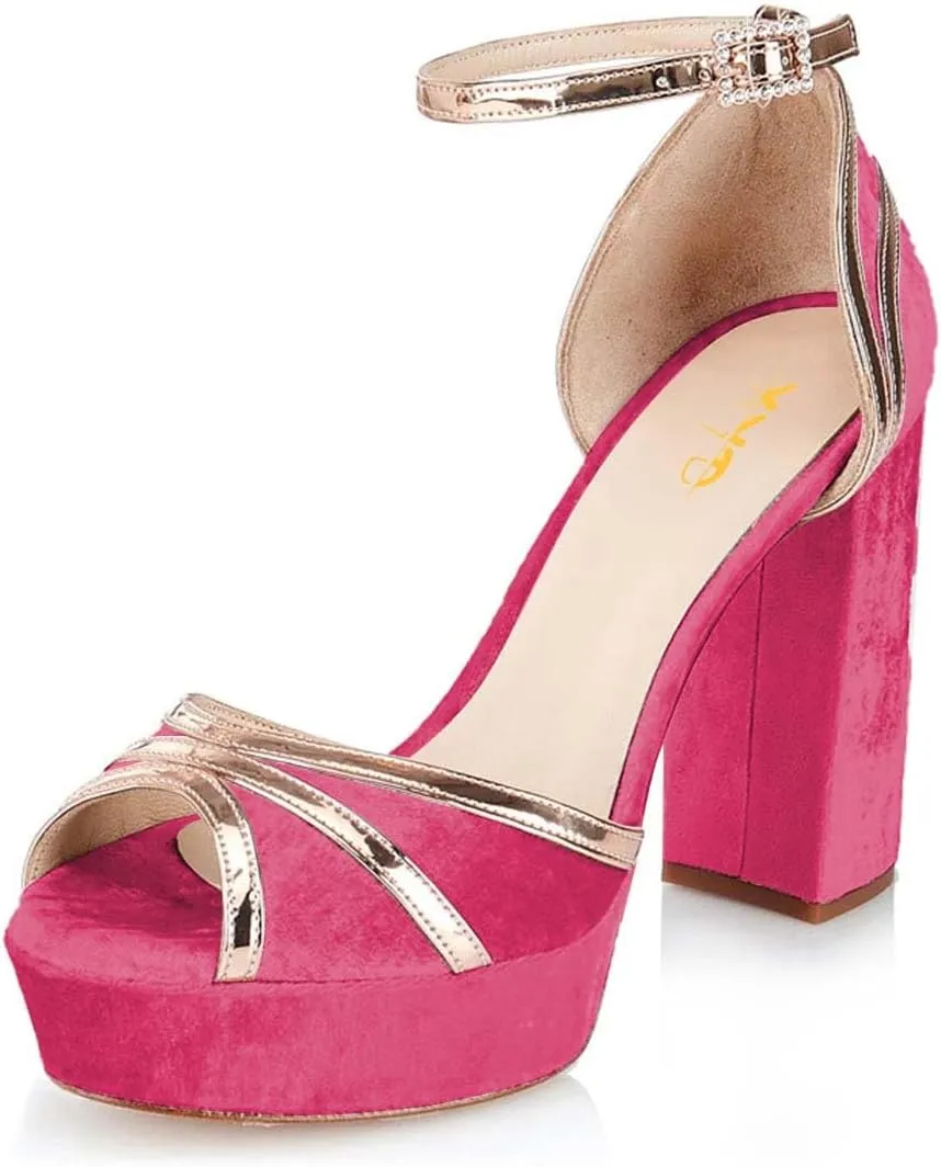 XYD Women Plated Block Heel Peep Toe Velvet Sandals Ankle Strap Platform Buckle Pumps Elegant Party Bridal Shoes