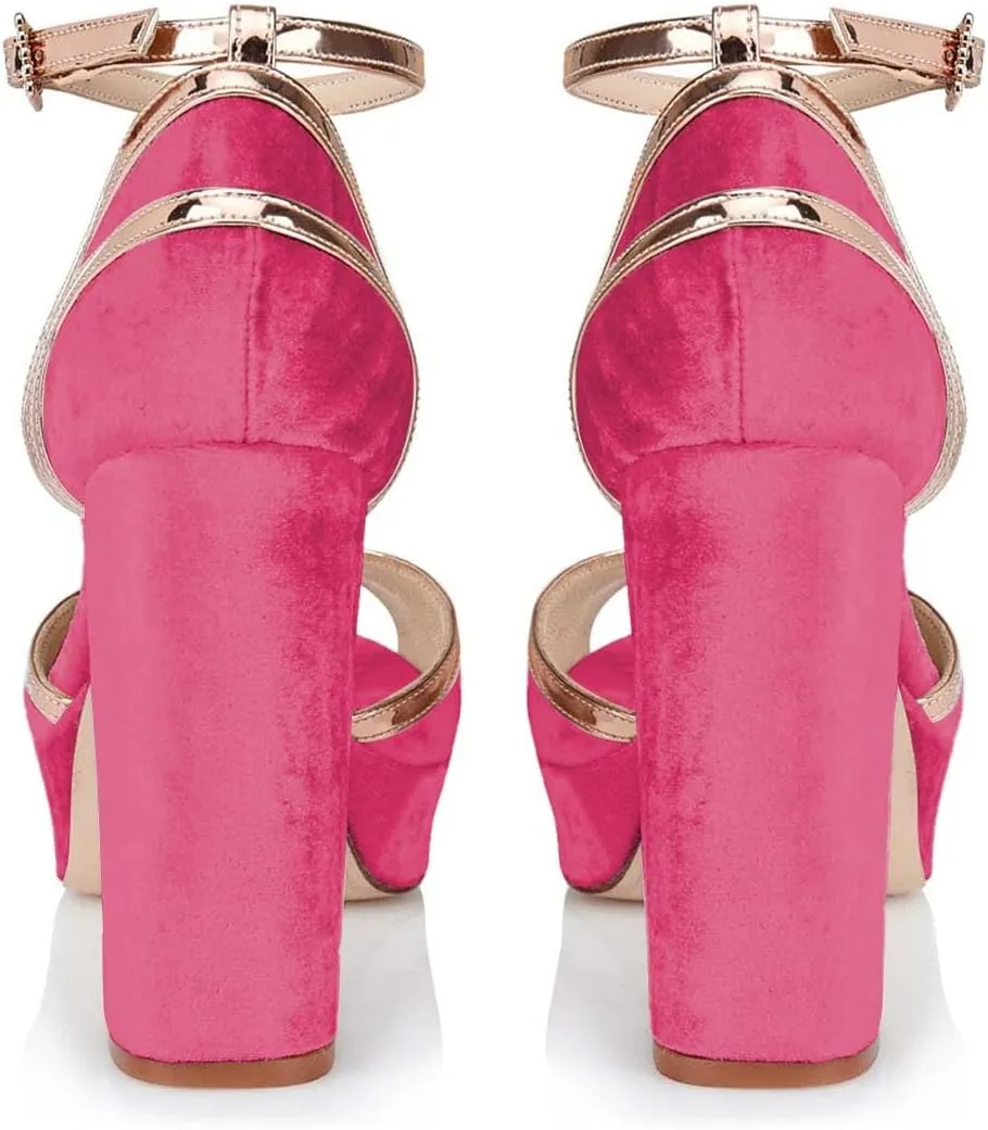 XYD Women Plated Block Heel Peep Toe Velvet Sandals Ankle Strap Platform Buckle Pumps Elegant Party Bridal Shoes