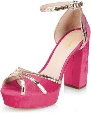 XYD Women Plated Block Heel Peep Toe Velvet Sandals Ankle Strap Platform Buckle Pumps Elegant Party Bridal Shoes