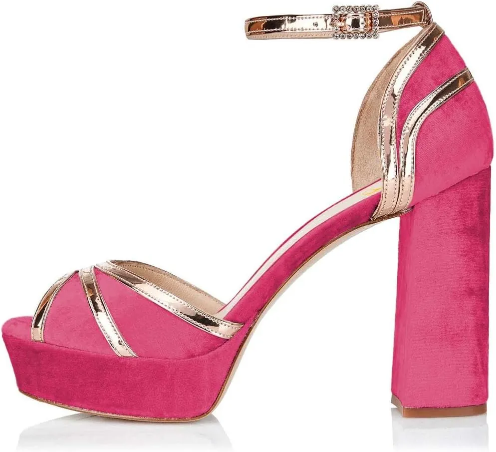 XYD Women Plated Block Heel Peep Toe Velvet Sandals Ankle Strap Platform Buckle Pumps Elegant Party Bridal Shoes